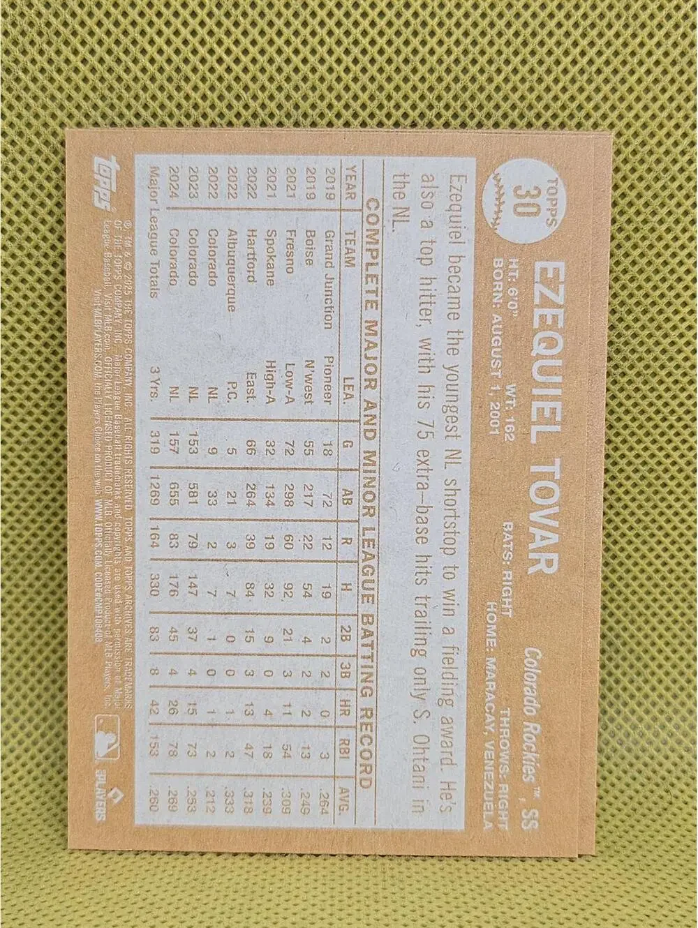 Ezequiel Tovar - 2025 Topps Archives #30 - Rockies - RAW mint
